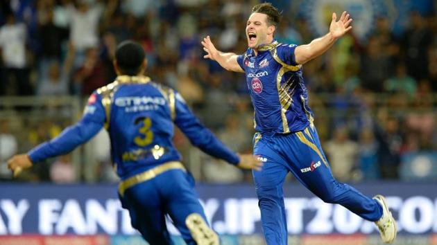 Mitchell McClenaghan (R) of Mumbai Indians celebrates after taking the wicket of Delhi Daredevils batsman Shreyas Iyer during the 2017 Indian Premier League (IPL) Twenty20 cricket match at the Wankhede Cricket Stadium in Mumbai on April 22, 2017.The New Zealand pacer has opted out from Tests and ODIs for the Blackcaps.(AFP)