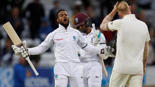 West Indies' Shai Hope celebrates their win against England on Day 5 of the second Test at Headingley on Tuesday. (Reuters) West Indies' Shai Hope celebrates their win against England on Day 5 of the second Test at Headingley on Tuesday. (Reuters)