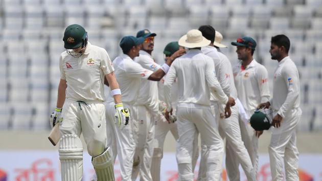 Steve Smith’s dismissal put Australia on the back foot and Bangladesh had the initiative. (AP)