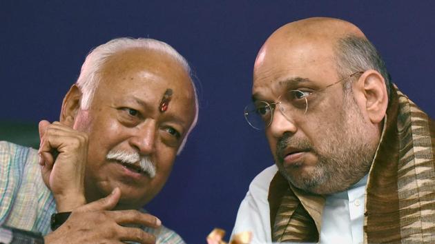 RSS chief Mohan Bhagwat (left) is expected to hold discussions with BJP president Amit Shah in Mathura this weekend. (PTI FILE) RSS chief Mohan Bhagwat (left) is expected to hold discussions with BJP president Amit Shah in Mathura this weekend. (PTI FILE)