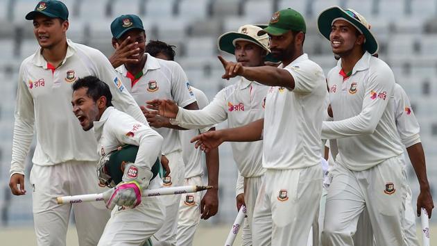 Bangladesh skipper Mushfiqur Rahim (2nd L) celebrate after winning the first Test cricket match against Australia. (AFP) Bangladesh skipper Mushfiqur Rahim (2nd L) celebrate after winning the first Test cricket match against Australia. (AFP)