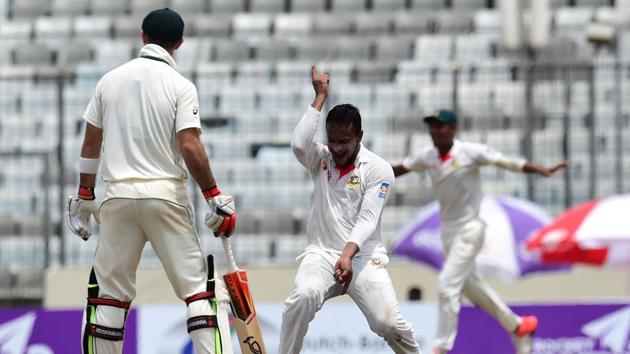 Shakib Al Hasan neared 10 wickets in the match as he snapped up Matthew Wade. (AFP)