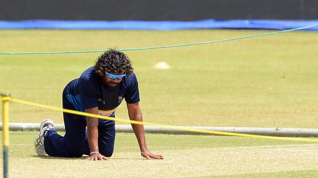 Lasith Malinga inspects the pitch during Sri Lanka’s practice session at The R.Premadasa Stadium in Colombo. (AFP)