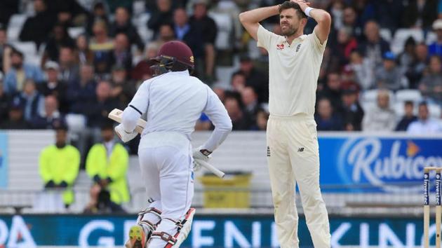England's James Anderson (R) reacts as West Indies' Shai Hope completes a run on the fifth and final day of the second Test match at Headingley cricket ground in Leeds on August 29, 2017. (AFP) England's James Anderson (R) reacts as West Indies' Shai Hope completes a run on the fifth and final day of the second Test match at Headingley cricket ground in Leeds on August 29, 2017. (AFP)