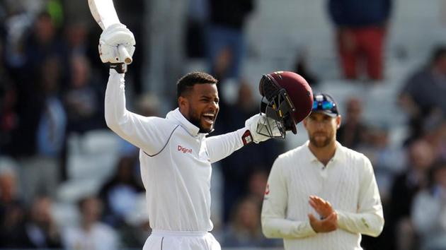 West Indies' Shai Hope celebrates reaching his century against England at Headingley in Leeds on Wednesday. (Action Images via Reuters) West Indies' Shai Hope celebrates reaching his century against England at Headingley in Leeds on Wednesday. (Action Images via Reuters)