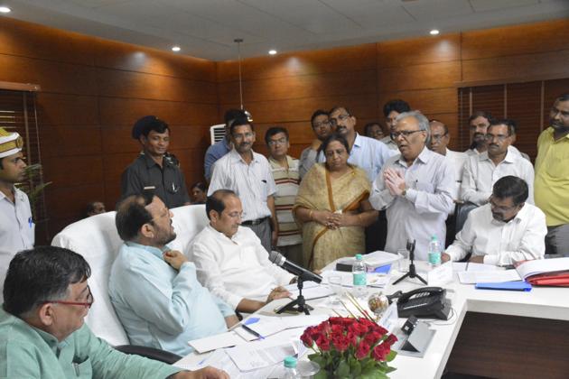 Three UP ministers listened to woes of homebuyers in an open public meeting held at GDA headquarters on Wednesday. (Sakib Ali/HT Photo) Three UP ministers listened to woes of homebuyers in an open public meeting held at GDA headquarters on Wednesday. (Sakib Ali/HT Photo)