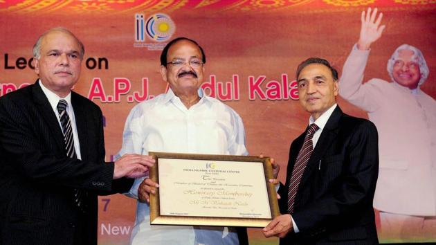 Vice-president Venkaiah Naidu being presented with a Honorary Membership of India Islamic Cultural Centre at an event in New Delhi on Wednesday. (PTI) Vice-president Venkaiah Naidu being presented with a Honorary Membership of India Islamic Cultural Centre at an event in New Delhi on Wednesday. (PTI)