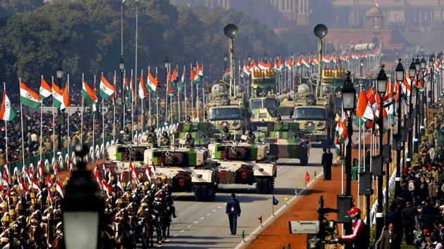 Indian Army vehicles travel in formation during the Republic Day parade on Rajpath in New Delhi.(AP File Photo)