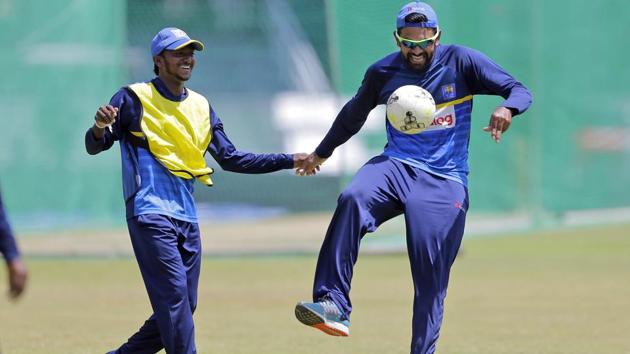 Dananjaya (L) and Thirimanne attend a practice session ahead of the fourth ODI between India and Sri Lanka. (AP)