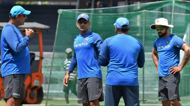 Skipper Virat Kohli and Mahendra Singh Dhoni with head coach Ravi Shastri and bowling coach Bharat Arun during a practice session in Colombo ahead of the 4th ODI against Sri Lanka. (PTI) Skipper Virat Kohli and Mahendra Singh Dhoni with head coach Ravi Shastri and bowling coach Bharat Arun during a practice session in Colombo ahead of the 4th ODI against Sri Lanka. (PTI)