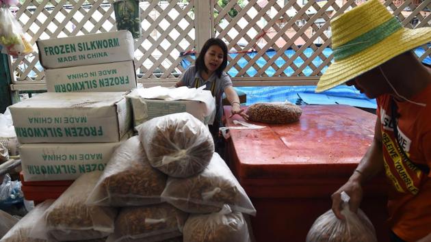 Edible insects in parts of Asia-Pacific are sourced mainly in three different methods: wild harvesting, semi domestication of insects in the wild and farming. Although semi domestication methods are more sustainable options for food supply, the market is still dominated by wild harvesting. (Lillian Suwanrumpha / AFP) 