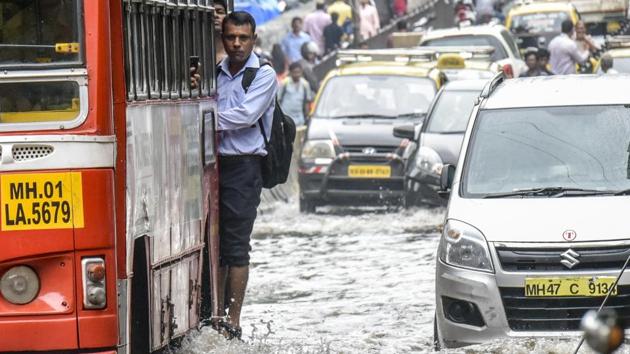A waterlogged road at Lower Parel in Mumbai on Wednesday. (Kunal Patil/HT Photo) A waterlogged road at Lower Parel in Mumbai on Wednesday. (Kunal Patil/HT Photo)