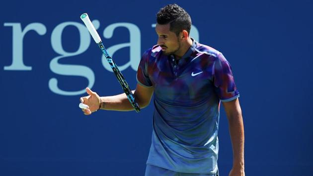 Nick Kyrgios of Australia reacts after losing in the second round match against John Millman of Australia. (AFP)