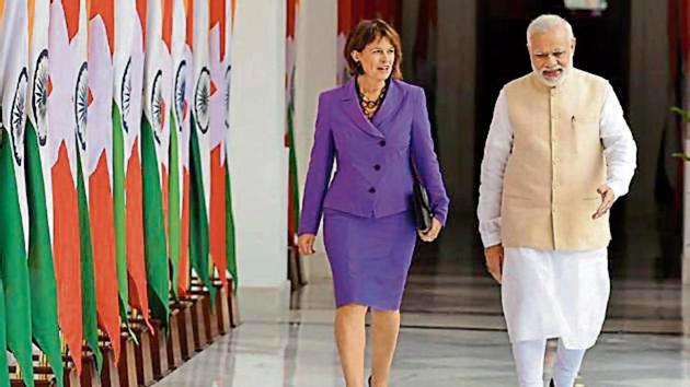 Prime Minister Narendra Modi with Swiss President Doris Leuthard before a meeting at Hyderabad House in New Delhi on Thursday.(PTI)