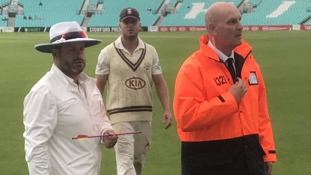 Play was suspended at The Oval after someone shot an arrow into the ground on Thursday. (Middlesex Cricket/Twitter) Play was suspended at The Oval after someone shot an arrow into the ground on Thursday. (Middlesex Cricket/Twitter)
