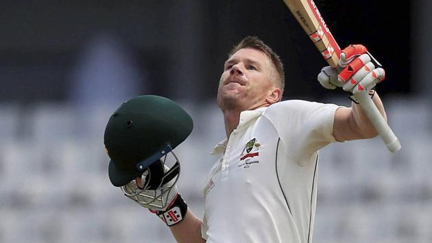 Australia cricket team's David Warner celebrates after scoring a century during the fourth day of the first Test against Bangladesh cricket team in Dhaka on Wednesday. (AP) Australia cricket team's David Warner celebrates after scoring a century during the fourth day of the first Test against Bangladesh cricket team in Dhaka on Wednesday. (AP)