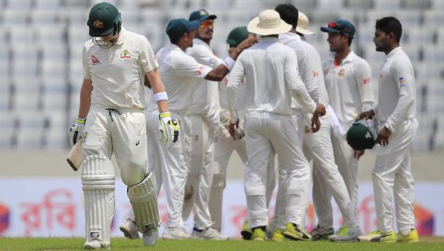 Australia's cricket team captain Steve Smith walks back to the pavilion after his dismissal by Bangladesh's Shakib Al Hasan during the fourth day of the first Test in Dhaka on August 30, 2017. (AP) Australia's cricket team captain Steve Smith walks back to the pavilion after his dismissal by Bangladesh's Shakib Al Hasan during the fourth day of the first Test in Dhaka on August 30, 2017. (AP)