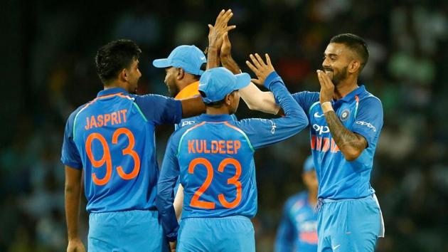 Indian players celebrate the dismissal of Angelo Mathews during the fourth ODI between India and Sri Lanka in Colombo. Catch full cricket score of India vs Sri Lanka, 4th ODI in Colombo here(REUTERS) Indian players celebrate the dismissal of Angelo Mathews during the fourth ODI between India and Sri Lanka in Colombo. Catch full cricket score of India vs Sri Lanka, 4th ODI in Colombo here(REUTERS)