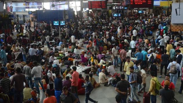 Stranded commuters at CSMT. (Bhushan Koyande) Stranded commuters at CSMT. (Bhushan Koyande)