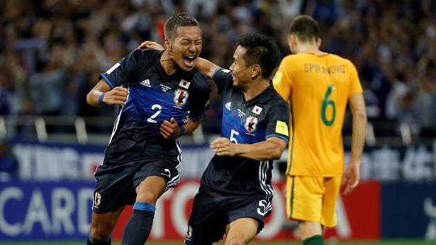 Japan's Ideguchi Yosuke celebrates Japan’s second goal against Australia during their FIFA World Cup qualifier.(REUTERS)