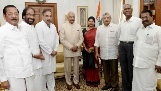 President Ramnath Kovind with Congress leader Anand Sharma, DMK's Kanimozhi, CPI's D Raja, CPI (M)'s Sitaram Yechury and DMK's Tiruchi Siva in New Delhi on Thursday. (PTI Photo) President Ramnath Kovind with Congress leader Anand Sharma, DMK's Kanimozhi, CPI's D Raja, CPI (M)'s Sitaram Yechury and DMK's Tiruchi Siva in New Delhi on Thursday. (PTI Photo)