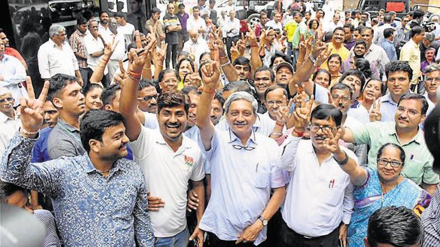 Goa Chief Minister Manohar Parrikar at a victory rally after winning the Panaji by-election in Goa, August 28 (PTI) Goa Chief Minister Manohar Parrikar at a victory rally after winning the Panaji by-election in Goa, August 28 (PTI)