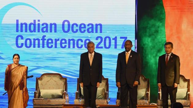 Sri Lanka’s Prime Minister Ranil Wickremesinghe (2L), India’s external affair’s ministerSushma Swaraj (L), Seychelles'vice president Vincent Meriton (2R) and Singapore's foreign minister Vivian Balakrishnan (R) takes part in the opening of the two-day Indian Ocean Conference 2017 in Colombo on August 31. (AFP Photo) Sri Lanka’s Prime Minister Ranil Wickremesinghe (2L), India’s external affair’s ministerSushma Swaraj (L), Seychelles'vice president Vincent Meriton (2R) and Singapore's foreign minister Vivian Balakrishnan (R) takes part in the opening of the two-day Indian Ocean Conference 2017 in Colombo on August 31. (AFP Photo)