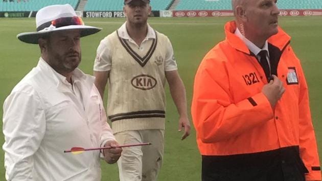 A County cricket Championship match between Surrey and Middlesex was abandoned on Thursday due to a remarkable incident that saw an apparent crossbow bolt land on the square at The Oval.(Twitter - Middlesex CC)