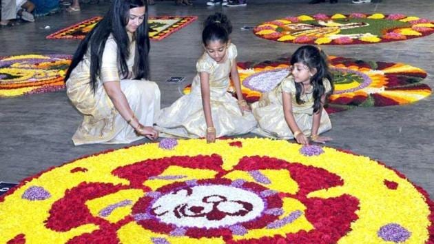 Flower rangolis or pookkalam are part of Onam celebrations.(HT file photo) Flower rangolis or pookkalam are part of Onam celebrations.(HT file photo)