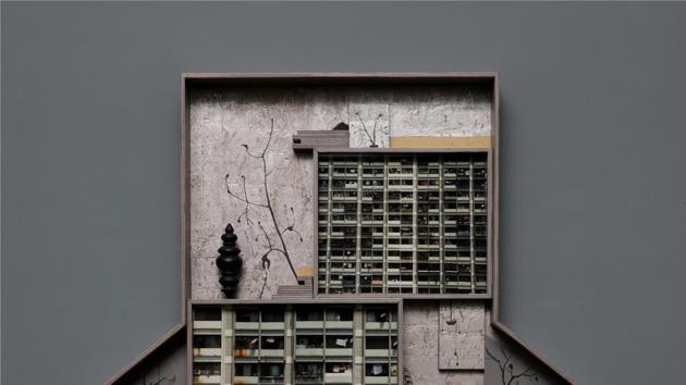 DWELLER OF METROPOLIS II (Medium: photograph, plywood, wood, acrylic, wallpaper, auto paint)(Courtesy:Vadhera Art Gallery)