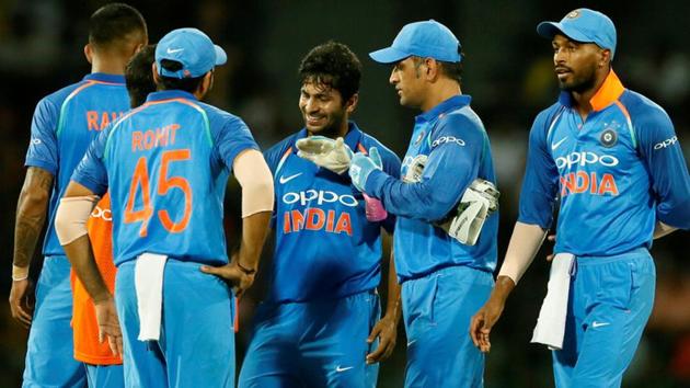 Shardul Thakur celebrates with the vice captain Rohit Sharma and MS Dhoni of India after taking the wicket of Niroshan Dickwella. (REUTERS) Shardul Thakur celebrates with the vice captain Rohit Sharma and MS Dhoni of India after taking the wicket of Niroshan Dickwella. (REUTERS)