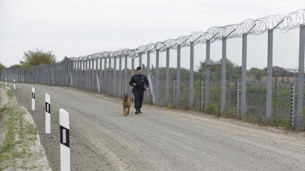 A police officer with a dog patrols along the border fence on the Hungarian-Serbian border near Roszke, 180 kms southeast of Budapest, Hungary on April 28. (AP File Photo) A police officer with a dog patrols along the border fence on the Hungarian-Serbian border near Roszke, 180 kms southeast of Budapest, Hungary on April 28. (AP File Photo)