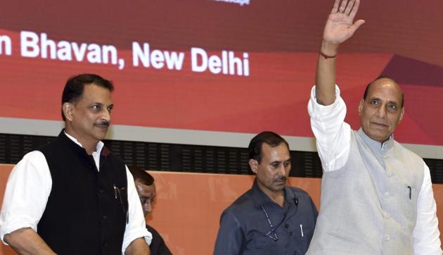 Union Home Minister Rajnath Singh, along with Skill Develoment Minister Rajiv Pratap Rudy, waves at the launch of YUVA, a skill development initiative of Ministry of Skill development and Enterpreneurship (MSDE) and Delhi Police, in New Delhi on Tuesday. (PTI Photo) Union Home Minister Rajnath Singh, along with Skill Develoment Minister Rajiv Pratap Rudy, waves at the launch of YUVA, a skill development initiative of Ministry of Skill development and Enterpreneurship (MSDE) and Delhi Police, in New Delhi on Tuesday. (PTI Photo)