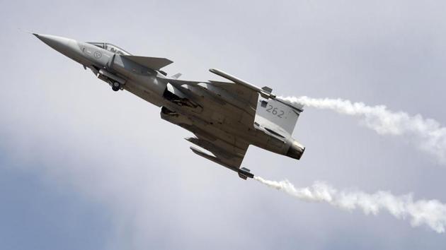 File photo of a Gripen fighter aircraft at the Aero India 2017 at Yelahanka air base in Bengaluru .(AP)