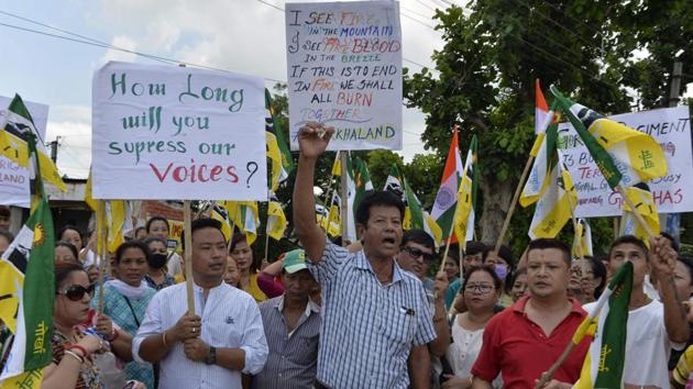 Supporters of the Gorkha Janmukti Morcha (GJM) chant slogans before burning copies of the Gorkhaland Territorial Administration (GTA) agreement during a protest in Dagapur village on the outskirts of Siliguri on June 27, 2017. (AFP File Photo) Supporters of the Gorkha Janmukti Morcha (GJM) chant slogans before burning copies of the Gorkhaland Territorial Administration (GTA) agreement during a protest in Dagapur village on the outskirts of Siliguri on June 27, 2017. (AFP File Photo)