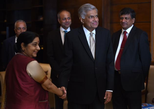 Sri Lanka’s Prime Minister Ranil Wickremesinghe (right) shakes hands with external affairs minister Sushma Swaraj during the opening of the two-day Indian Ocean Conference 2017 in Colombo on August 31, 2017. (AFP Photo) Sri Lanka’s Prime Minister Ranil Wickremesinghe (right) shakes hands with external affairs minister Sushma Swaraj during the opening of the two-day Indian Ocean Conference 2017 in Colombo on August 31, 2017. (AFP Photo)