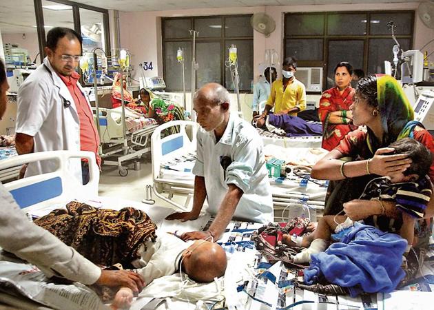 Overcrowding leads to two and even three children sharing beds and even incubators at BRD hospital, raising cross-infection risk. (HT Photo) Overcrowding leads to two and even three children sharing beds and even incubators at BRD hospital, raising cross-infection risk. (HT Photo)