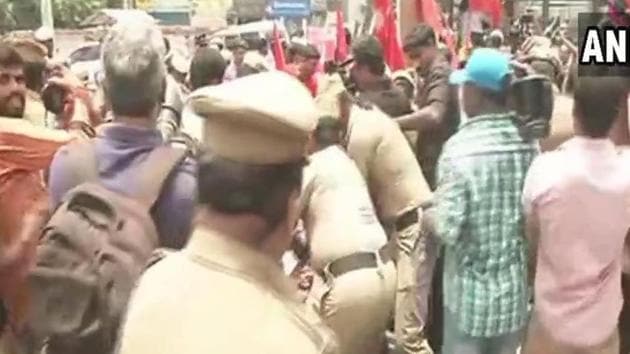 Police tackle student activists protesting against NEET and the BJP-led Centre over the suicide of a Dalit student.(ANI/Twitter)
