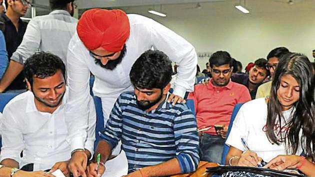Members of PUSU, SOI, NSUI and ABVP filing nominations in Panjab University, Chandigarh, on Friday.(Anil Dayal/HT)