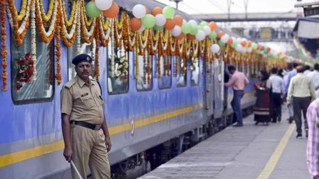 Gatiman Express, India's first semi-high speed train ready to be flagged off the first time at Nizamudin Railway Station in New Delhi in April 2016.(Arun Sharma / HT File Photo)