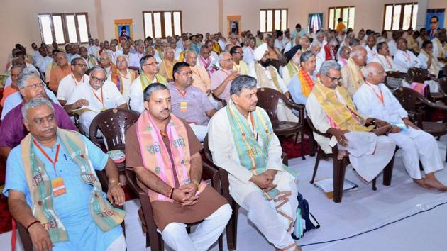 RSS leaders during the three-day annual meeting at Keshav Dham, Vrindavan, on Friday.(PTI photo)