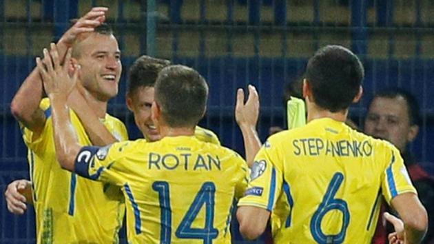 Ukraine's Andriy Yarmolenko celebrates after scoring their second goal against Turkey in FIFA World Cup qualifiers. (REUTERS)