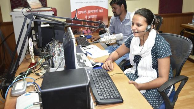 Anuradha, who lives in a nearby village, is a radio jockey and a reporter who covers women and health issues for the community radio; Mufeed Khan, a local, covers agriculture; Sohrab Khan is in charge of the station and handles the equipment and hosts a popular a Gaon ki Baat; Shakir Hussain presents a programme called Hum se Hai Shashan, and Fakat Hussain hosts Tere Mere Man Ki Baat—a programme that involves answering questions and responding to the feedback of the listeners. (Raj K Raj/HT PHOTO) Anuradha, who lives in a nearby village, is a radio jockey and a reporter who covers women and health issues for the community radio; Mufeed Khan, a local, covers agriculture; Sohrab Khan is in charge of the station and handles the equipment and hosts a popular a Gaon ki Baat; Shakir Hussain presents a programme called Hum se Hai Shashan, and Fakat Hussain hosts Tere Mere Man Ki Baat—a programme that involves answering questions and responding to the feedback of the listeners. (Raj K Raj/HT PHOTO)