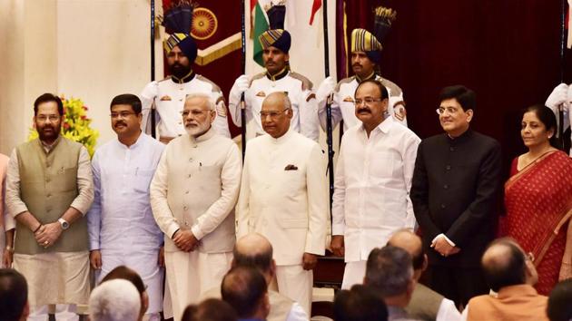 President Ram Nath Kovind, vice president Venkaiah Naidu, Prime Minister Narendra Modi pose with new Cabinet ministers after the reshuffle at Rashtrapati Bhavan in New Delhi on Sunday. None of the BJP allies made it to the council of ministers.(PTI)