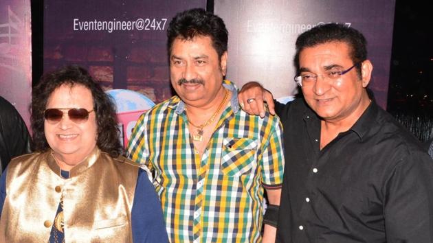 Bappi Lahiri, Kumar Sanu and Abhijeet at an event to celebrate Kishore Kumar’s 88th birth anniversary in Kolkata.(IANS)