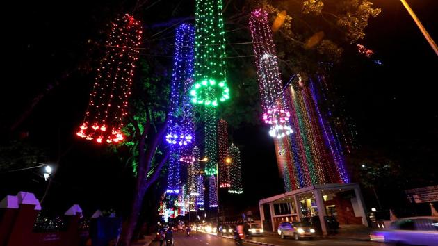 The state capital of Thiruvananthpuram is decked up with colourful lights for the festival. The state capital of Thiruvananthpuram is decked up with colourful lights for the festival.