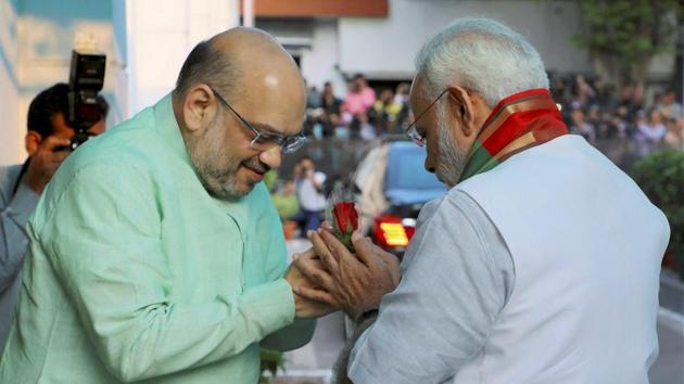 BJP president Amit Shah greets Prime Minister Narendra Modi in New Delhi. (PTI) BJP president Amit Shah greets Prime Minister Narendra Modi in New Delhi. (PTI)