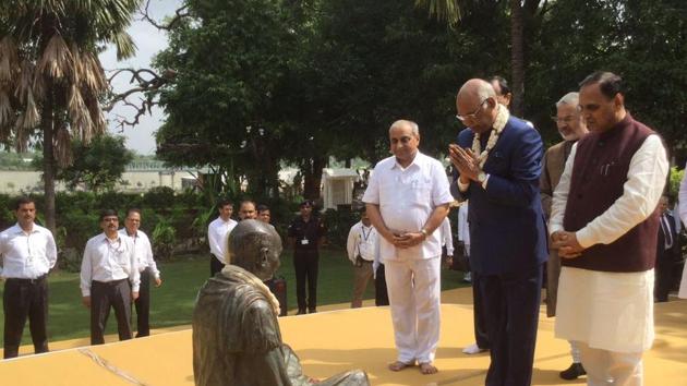 President Ram Nath Kovind visits Sabarmati Ashram in Ahmedabad on Sunday. (HT) President Ram Nath Kovind visits Sabarmati Ashram in Ahmedabad on Sunday. (HT)