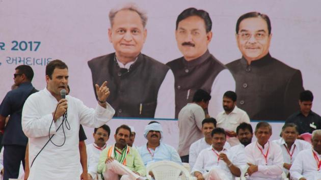 Congress vice president Rahul Gandhi at an interaction programme with party workers at Sabarmati riverfront in Ahmedabad on Monday. (HT) Congress vice president Rahul Gandhi at an interaction programme with party workers at Sabarmati riverfront in Ahmedabad on Monday. (HT)