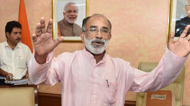 Alphons Kannanthanam, the new Minister of State (Independent charge) for Tourism talking to media as he take over charge of his office in New Delhi on Monday.(PTI)